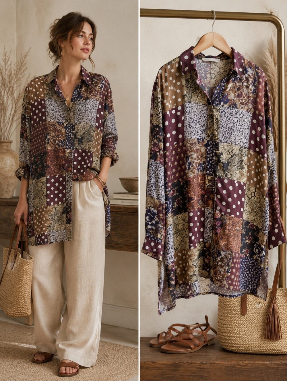 Vintage Dalmys 100% Silk Patchwork Tunic Blouse | Boho Oversized Floral Small
